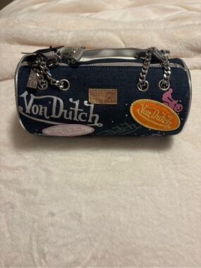 NWT Rare Von Dutch Denim Barrel Bag Y2K Shoulder Purse Multicolor Patch Logo